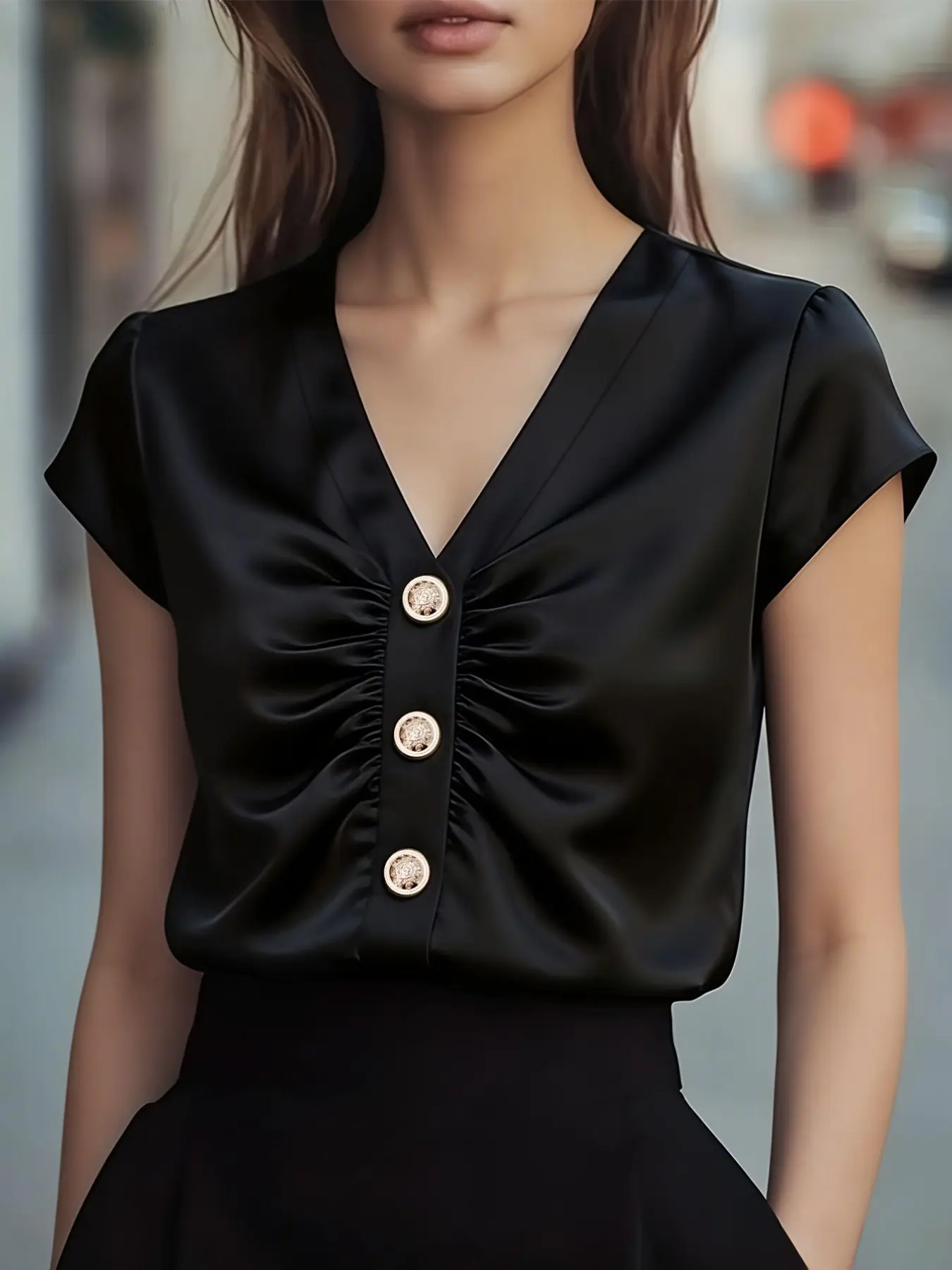 Elegant Chic Satin V-Neck Short Sleeve Top Blouse, Metal Embossed Button Pleated Design, Slim Fit, Office & Date Night, Luxurious French Vintage Style, Office Wear, Shirts