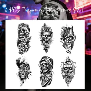 6PCS Skull Design Temporary Tattoo Stickers Set, 7.5x3.5 inch Black Realistic Fake Tattoo Stickers Body Shoulders Arms Legs Makeup Kit, Tattoo Stickers for Women Men Adults Party Decorations Waterproof & LONG-LASTING