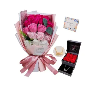 Roses Bouquet Artificial Flower - Preserved Red Flowers with Love Necklace for Her - Unique Gifts Valentine's Day, Mother's Day, Thanksgiving, Birthday, Anniversary- (Hotpink)