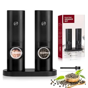 Electric Salt and Pepper Grinder with Storage Base, Battery Powered, LED Light Automatic Grinding, Adjustable Roughness, One Hand Start