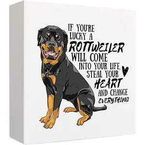 Rottweiler Wooden Box Sign, Rottweiler Decor, Rottweiler Gifts, Rottweiler Dog Decorations, Dog Signs for Home Decor, Rottweiler Wood Signs for Home Office Desk Table Shelf Decor, Decorative Plaque, 5x5 Inch