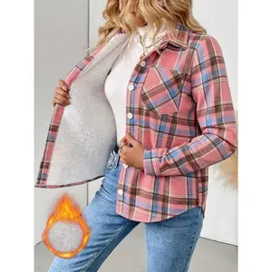 Women's Plaid Print Fleece Lined Button Front Shirt Jacket, Casual Long Sleeve Pocket Design, Daily Wear Women's Clothing