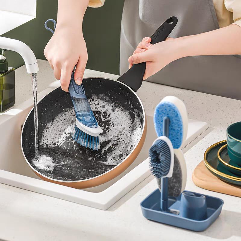 Dish Scrub Brush with Soap Dispenser – 4 Replaceable Heads & Stainless Steel Handle, All-in-One Kitchen Cleaning Brush for Dishes, Pots & Pans Cleaner Remover Tool Blue