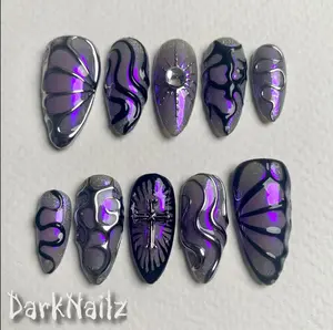 Custome Dark Purple Press On Nails, Y2K Black Cross Cross Purple Mirror Chrome Cool Goth Gothic Fake Nails Satamiis