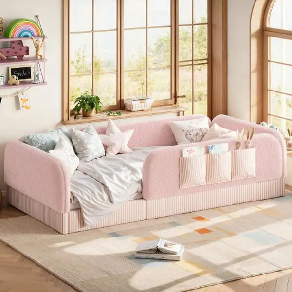 [Bellemave] Size Kids Soft Upholstered Floor Bed,Montessori-Style Low to Ground Bed with Full Surround Safety Rails, Side Storage Pocket, Cozy Teddy Fleece Frame for Boys & Girls ,Pink