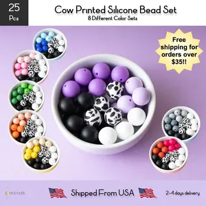 25pcs, Cow Silicone Bead Mix Round Silicone Beads
