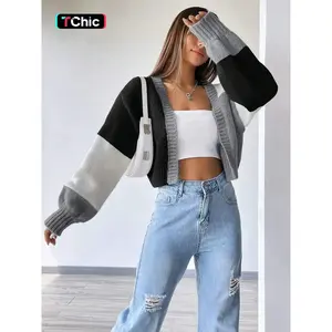 Women's Colorblock Long Sleeve Cardigan Sweater, Casual Retro Vintage Open Front Knitwear for Fall & Winter, Fashion Ladies' Knit Clothing for Daily Wear, Soft Tops