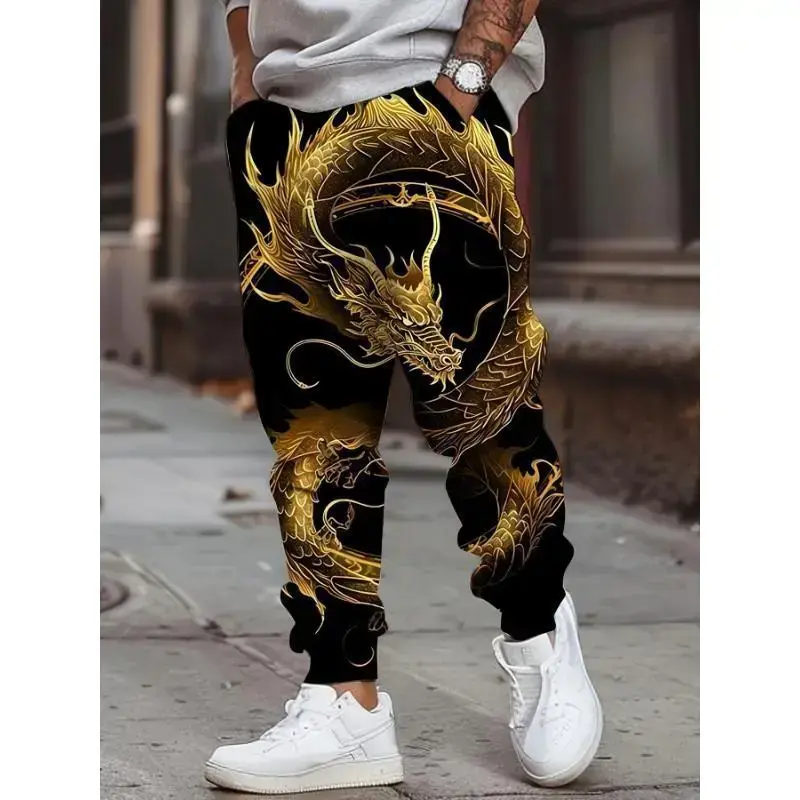 Men's Oriental Dragon Print Jogger Sweatpants With Drawstring, Casual Stylish Sporty Trousers As Gift Men's Oriental Dragon Print Jogger Sweatpants With Drawstring, Casual Stylish Sporty Trousers As Gift
