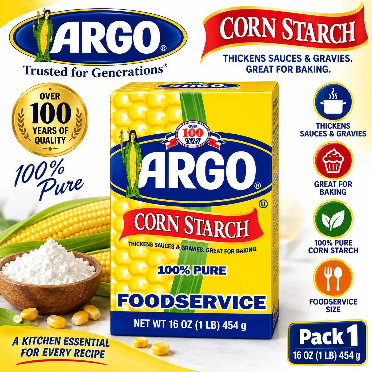 Argo Corn Starch for Thickening, 1 lb. Box - Gluten Free, Non-GMO - Grain Flour Substitute - Flavor