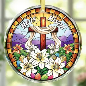 He is Risen Easter Decor - Glass Easter Cross Ornament for Tree Decorations, Religious Christian Gifts for Women Men Kids, Catholic Gifts, Suncatcher and Easter Basket Stuffers