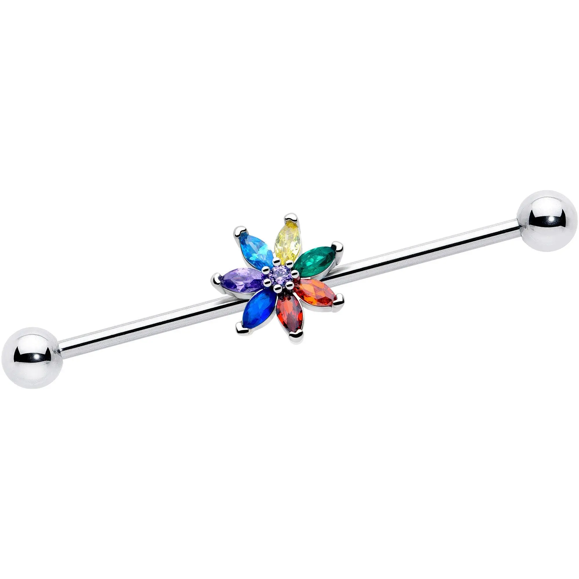 14G Red Blue CZ Gem Rainbow Flower Industrial Barbell 38mm