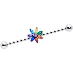 14G Red Blue CZ Gem Rainbow Flower Industrial Barbell 38mm