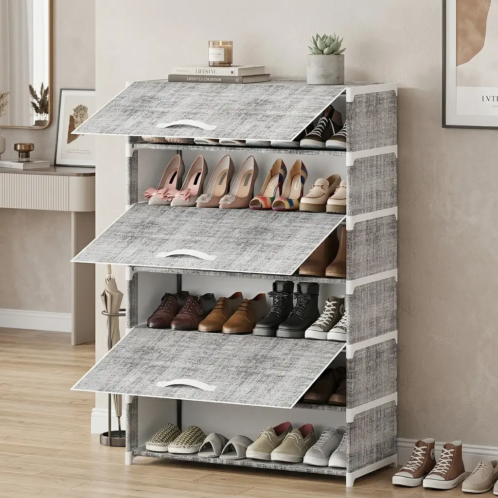 FIXWAL Shoe Rack Organizer - 7-Tier, 20-25-Capacity, Sturdy Metal Frame, Black & Grey Frabic Panels, Waterproof, Durable Reinforced, Easy Installation, Storage Organization, House Organizers, Apartment Accessories, for Entryways