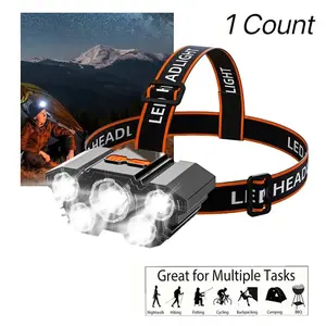 Wild Bright 1-piece 5-LED rechargeable headlamp, waterproof and rotatable forehead lamp, super-bright head-mounted flashlight, ergonomic headband design, 4 modes, suitable for outdoor camping, hiking, running, Waterproof Headlamps.