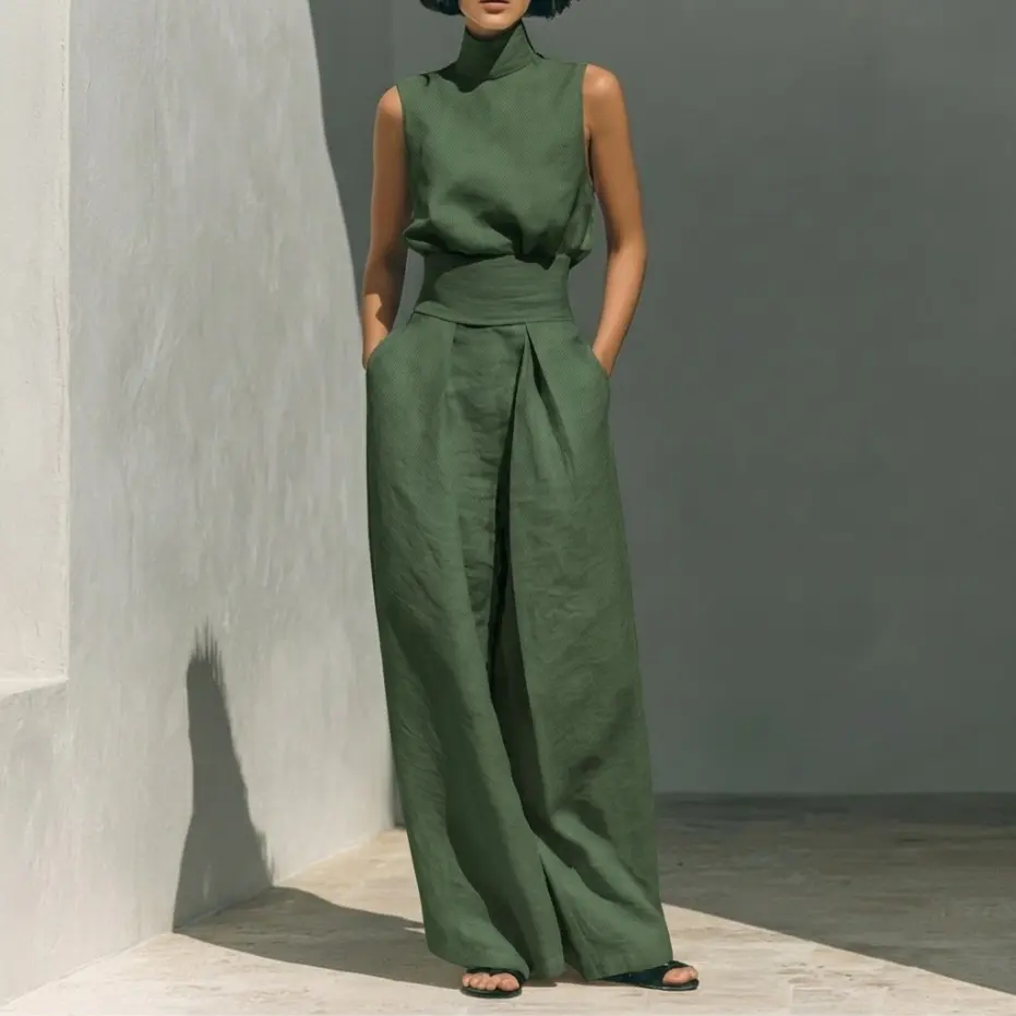 2-Piece Elegant Set Chic Mock Neck Halter Top & High-Waisted Wide-Leg Pants, Minimal High Neck Sleeveless Top, Retro Boho Ruffle Sleeveless Top and Pants Set, Solid Color Casual Suit, Trendy Old Money Aesthetic Outfit for Summer (Size Up Recommendation),s