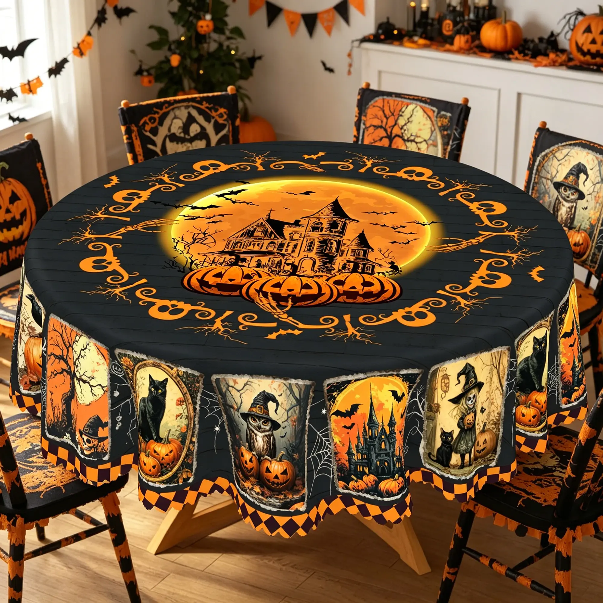 BOOPBEEP Halloween Printed Tablecloth - Vintage Farmhouse Style, Pumpkin & Black Cat Patterns, Rectangular/Round Dining/Kitchen Cover, Nostalgic Halloween Decor, Brunches Indoors Use, Holiday Gift, Pumpkin Ghost Pattern Kitchen Linen Sets