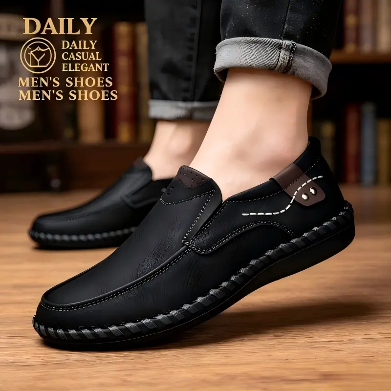 Men's Classic Leather Loafers - Handmade Low-Cut Closed Toe British Style Flat Footwear, Soft Slip-On for Daily Casual Walking, Men's Shoes, Black Loafers, British Retro, Casual Loafers