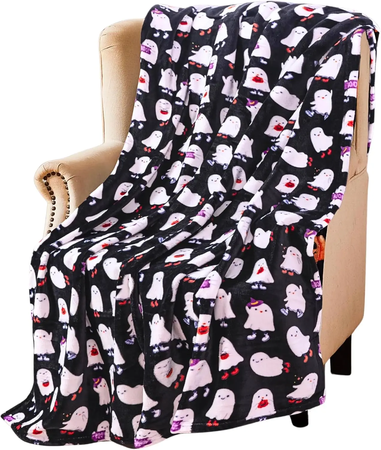 Halloween Ghost Fleece Throw Blanket: Dancing Ghosts Black Purple Orange for Bed Couch Chair Living Room Soft Warm Plush Blanket, (Black White Ghost Bash) Oversized 50" x 70"