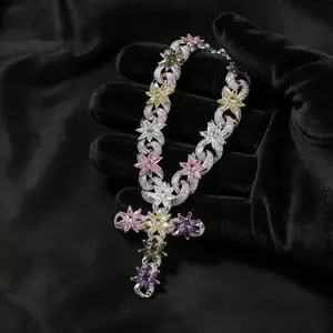 M2-2125 Multicolor Flower Cuban Chain with Cross Pendant Iced-Out Finish Starburst Floral Design for Hip Hop Streetwear Enthusiasts