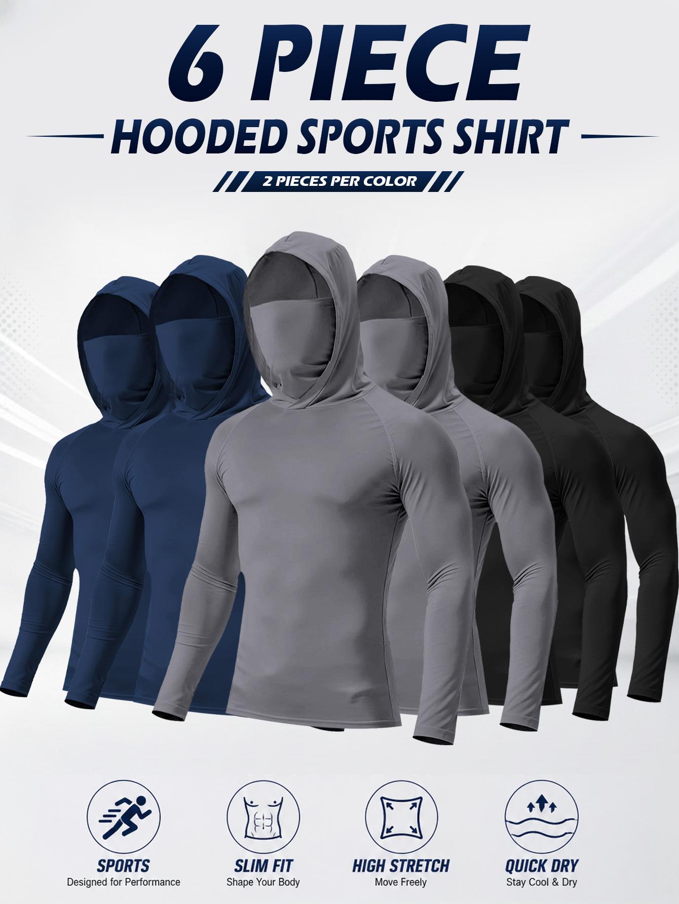 Men’s hooded sports tops available in sets of 6 or 3, featuring a mask design, high-stretch quick-dry fabric, sun protection and breathability—ideal for outdoor activities, fishing, and working outdoors in sunny conditions.