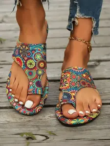 Women's Boho Style Ethnic Pattern Slip on Sandals, Casual Trendy Toe Thong Sandals, Fashionable Shoes for Summer Beach Vacation, Bohemian Trending Sandals
