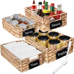 Set of 4 Sizes Hand-Woven Pantry Shelf Baskets, Hyacinth Storage Baskets with Chalkboard Labels & 2 Chalk Markers, Wicker Nestable Shelf Basket Set for Organizing Pantry Laundry Shelves