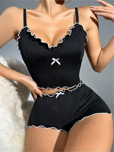 Two-Piece Set Women's Jacquard Lace Trim Crop Tank Top & Shorts, Casual Adjustable Spaghetti Strap Crop Top & Shorts, Ladies Summer Outfits, Womenswear