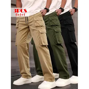 3-pack lightweight men’s fashion cargo pants — lightweight polyester fiber, casual style, multiple pockets and drawstring waist; suitable for spring and autumn; includes a drawstring waistband; smooth-texture fabric, sporty design.
