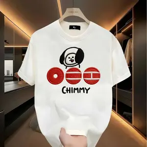 Imitation embroidery print design T-shirt, BT21 cartoon pattern, printed with COOKY, CHIMMY, using imitation embroidery printing technology (not real embroidery), suitable for men, women, mothers and friends, couple style, fashionable and loose, youthful