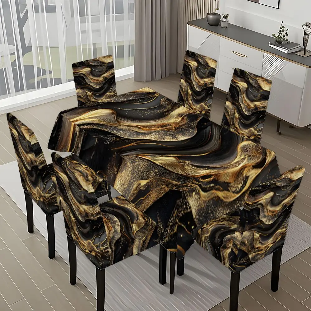 5/7-piece 2D Flat Printing Black and Gold Wave Texture Printing Pattern Tablecloth and Chair Covers for Dining Chairs Set, for dining table and chair decoration, perfect for home, holiday gatherings, restaurants, and parties.