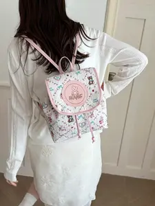 Korean Sweet Cartoon Bear Printed Backpack, Bubble Textured Drawstring Flap Bag, Cute Girls Daily Commute Handbag, Stylish and Fun Design