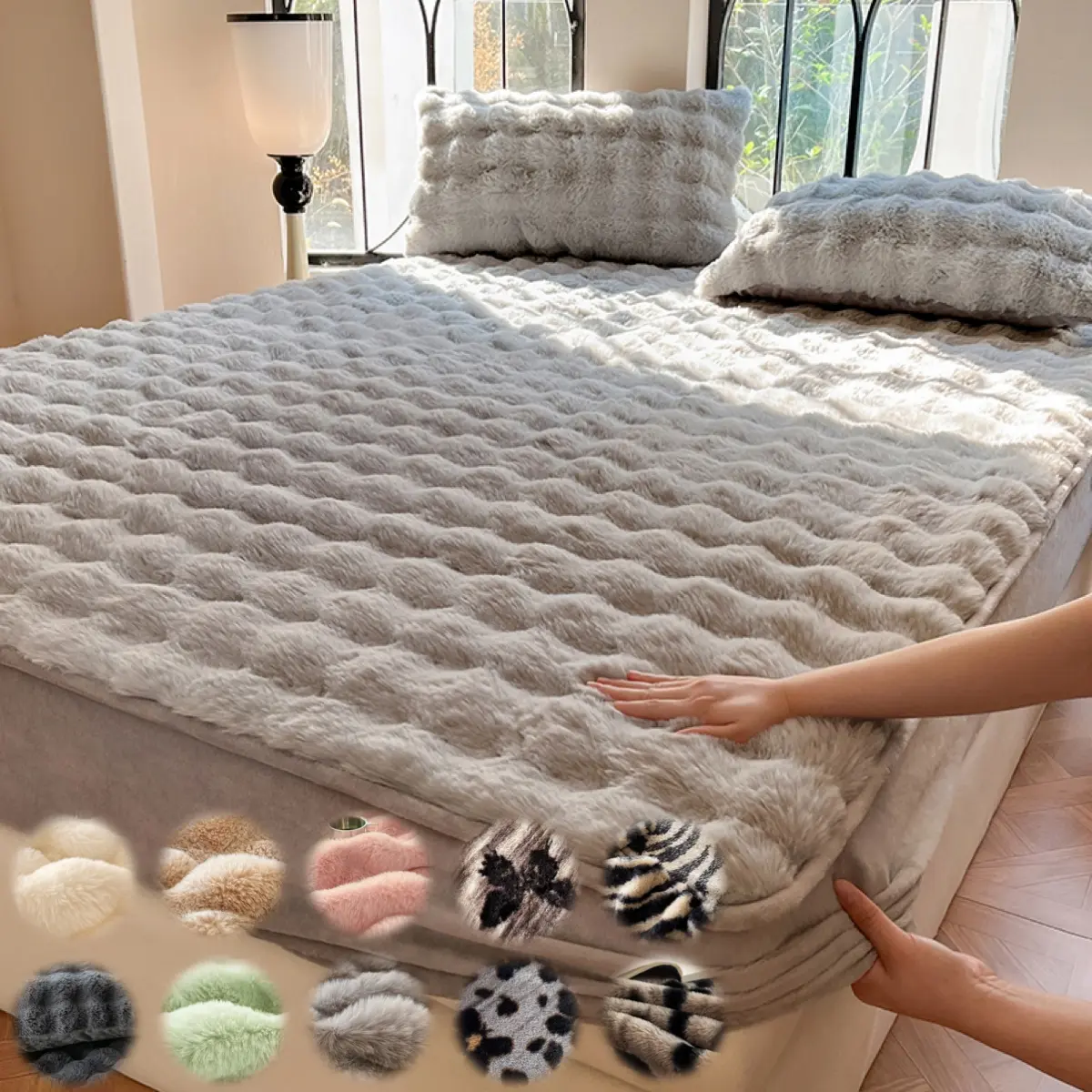 Faux Rabbit Fur Fitted Sheet 1pc Bedsheet – Striped Luxury Soft & Warm Solid Color Bedding Sheets with Pillowcase, All-Season Use, Perfect for Bedroom, Dorm, Sofa, Fluffy Cozy & Ideal Christmas Gift