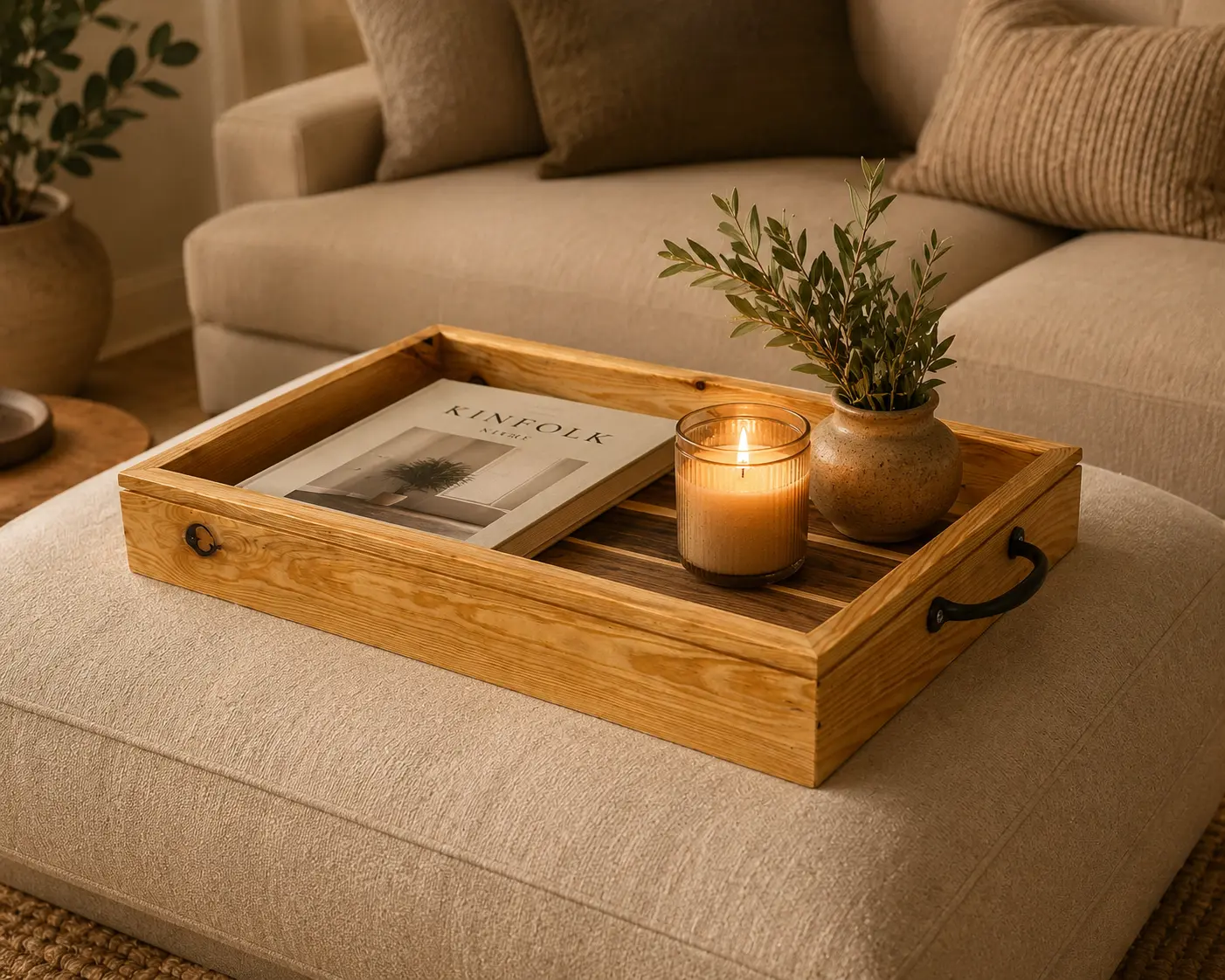 Rustic Pine Wood Serving Tray with Handles - 18x14x2.5, coffee table, tray decor
