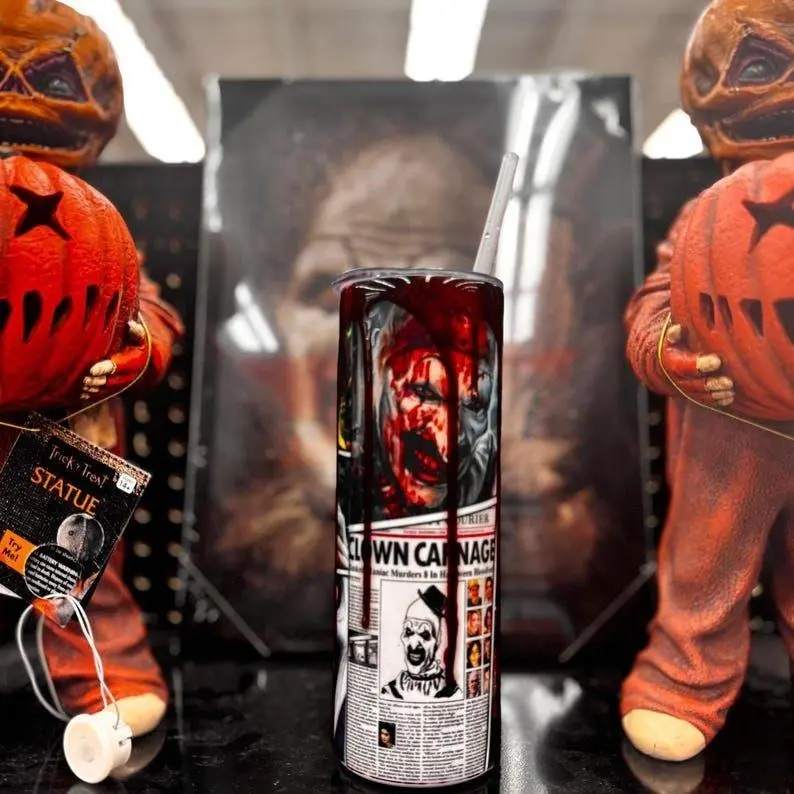 Terrifier Horror Tumbler – 3D Blood Drip Clown Cup | 20oz Stainless Steel Insulated Cup with Lid