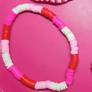 Handmade Disc Beaded Bracelet in Pink White and Red Colors for Women
