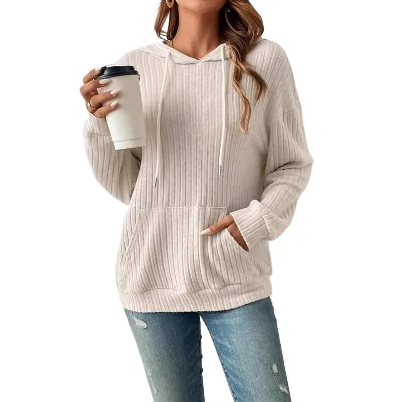 Women's Knitted Sweater Hooded Pit Strip Kangaroo Pocket Sweater