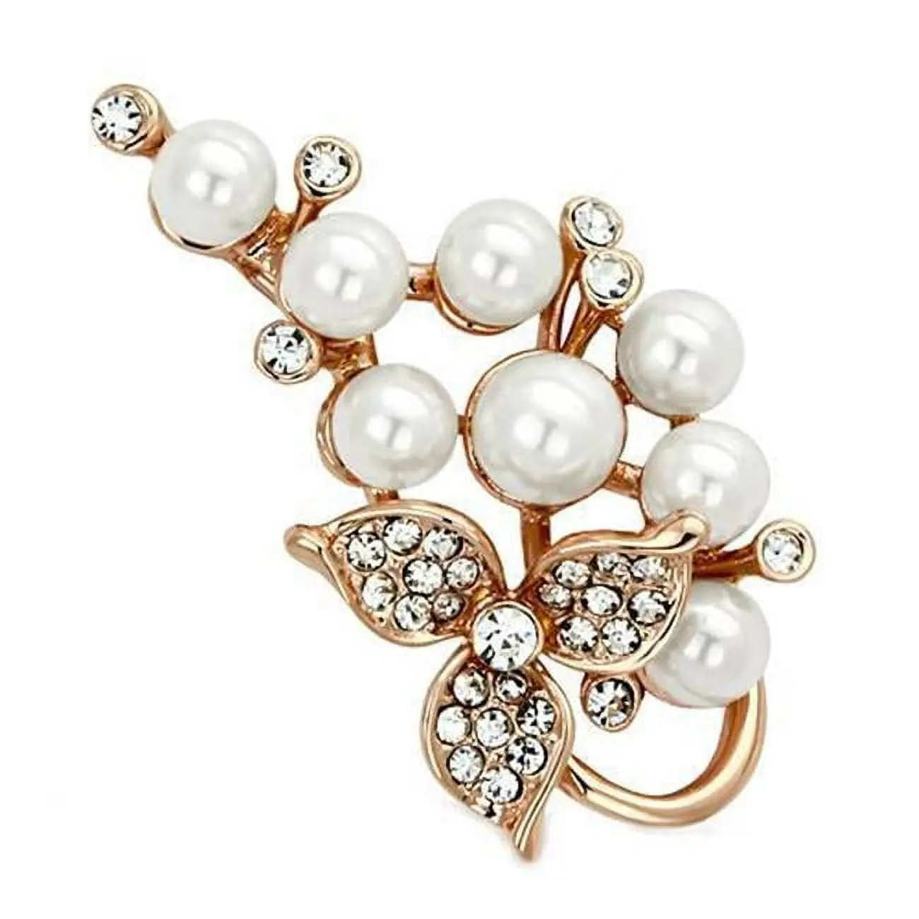 212 MAIN Women's Flower Brooch - White Metal Fashion Accessory Jewelry, Rose Gold Flash Finish, Adorned with White Synthetic Pearls