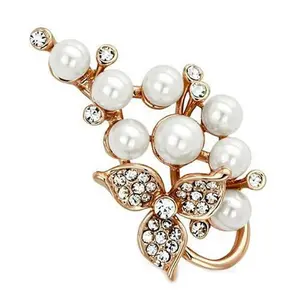 212 MAIN Women's Flower Brooch - White Metal Fashion Accessory Jewelry, Rose Gold Flash Finish, Adorned with White Synthetic Pearls