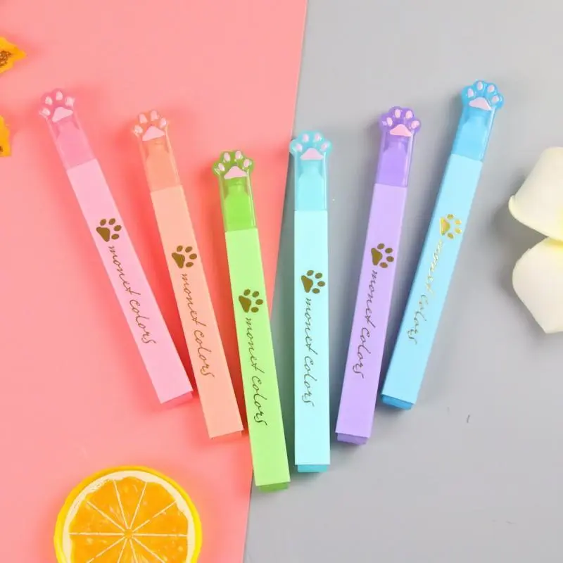 Cute Cat Paw Design Highlighter Pen, 6 Counts/set Bevel Tip Highlighter Pen, Smooth Writing Highlighter Pen for Students and Note Taking, Creative Stationery, Cute Pens, Office Stationery Supplies