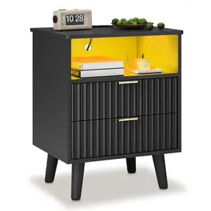 LED Nightstand with Charging Station and Fluted Panel Black LED Nightstand with Charging Station and Fluted Panel Black