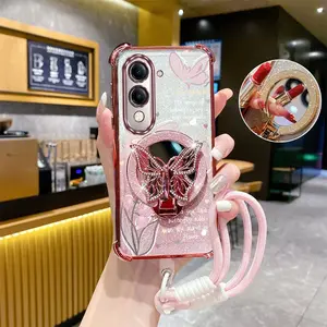 Fashion Weaving Tape Strap Lanyard Y04 Shockproof Transparent Glitter Shiny Phone Holder Case Compatible With for Vivo Y04 Art Trumpet Flower Love Butterfly Case Cover for Fashion