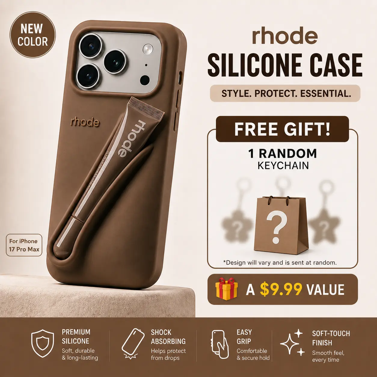 RHODE Everyday Makeup Carry Phone Case for iPhone 11-17 Pro Max, Shockproof Silicone Protective Cover with Lip Gloss Holder