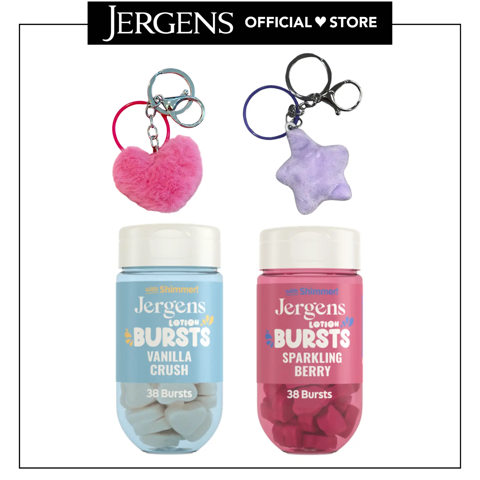 Jergens Lotion Bursts - 38 Heart or Berry Shaped Bursts in Vanilla Crush Hearts or Sparkling Berry Berries, 2 Pack or 3 Pack plus TikTok Exclusive Keychains