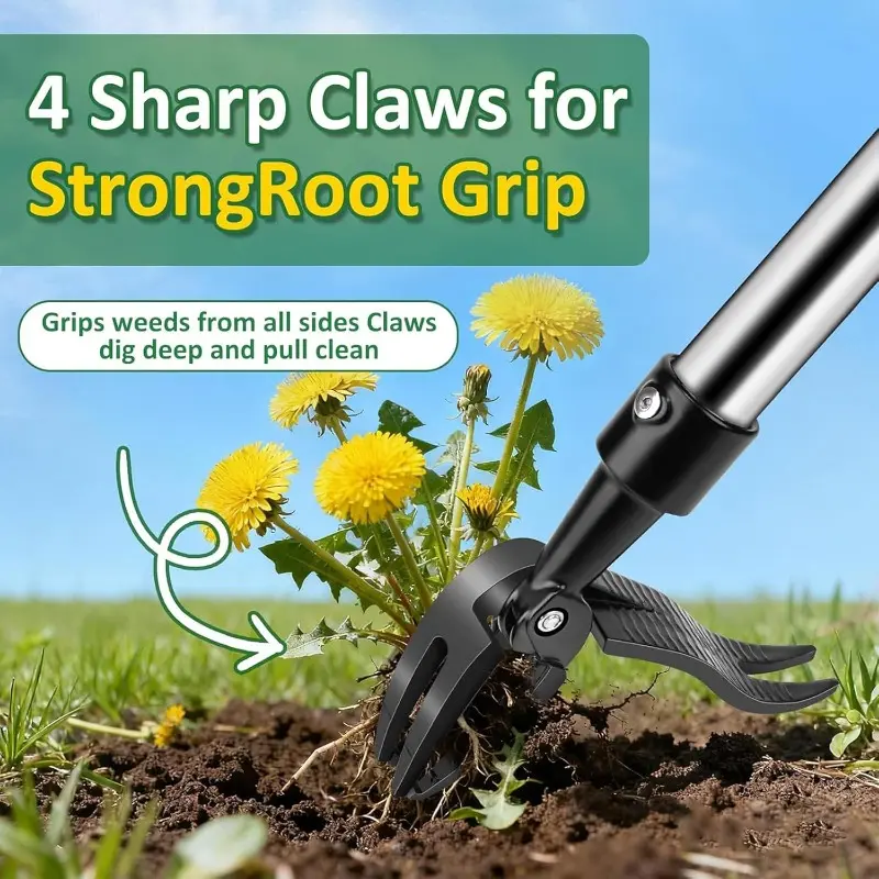 Single 4-Claw Upright Hand Weeder, Durable Manual Adjustable Weeding Rake, Ergonomic No Bend Weed Pulling Tool for Household Yard, Lawn Care & Wild Vegetable Digging (Only 1 Weeding Claw Included）