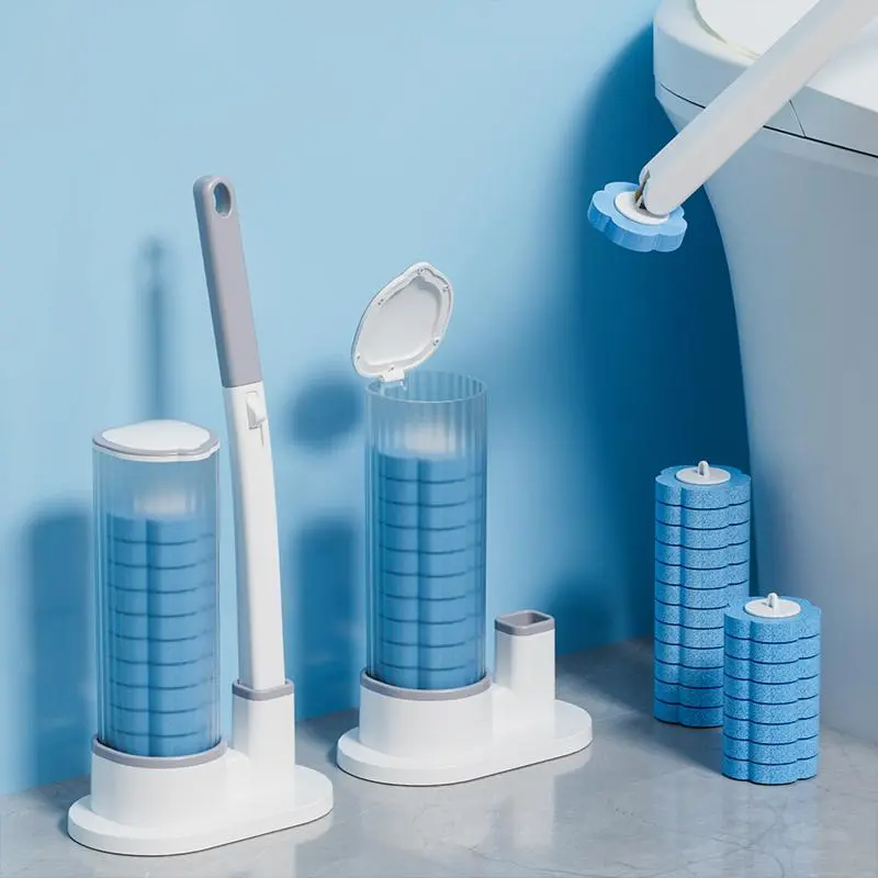 Toilet Brush Set, Toilet Cleaning System, 1 Set Including Long Handle Toilet Bowl Brush & 24pcs Disposable Replacement Brush Head, Bathroom Cleaning Tool, Toilet Scrubber Brush