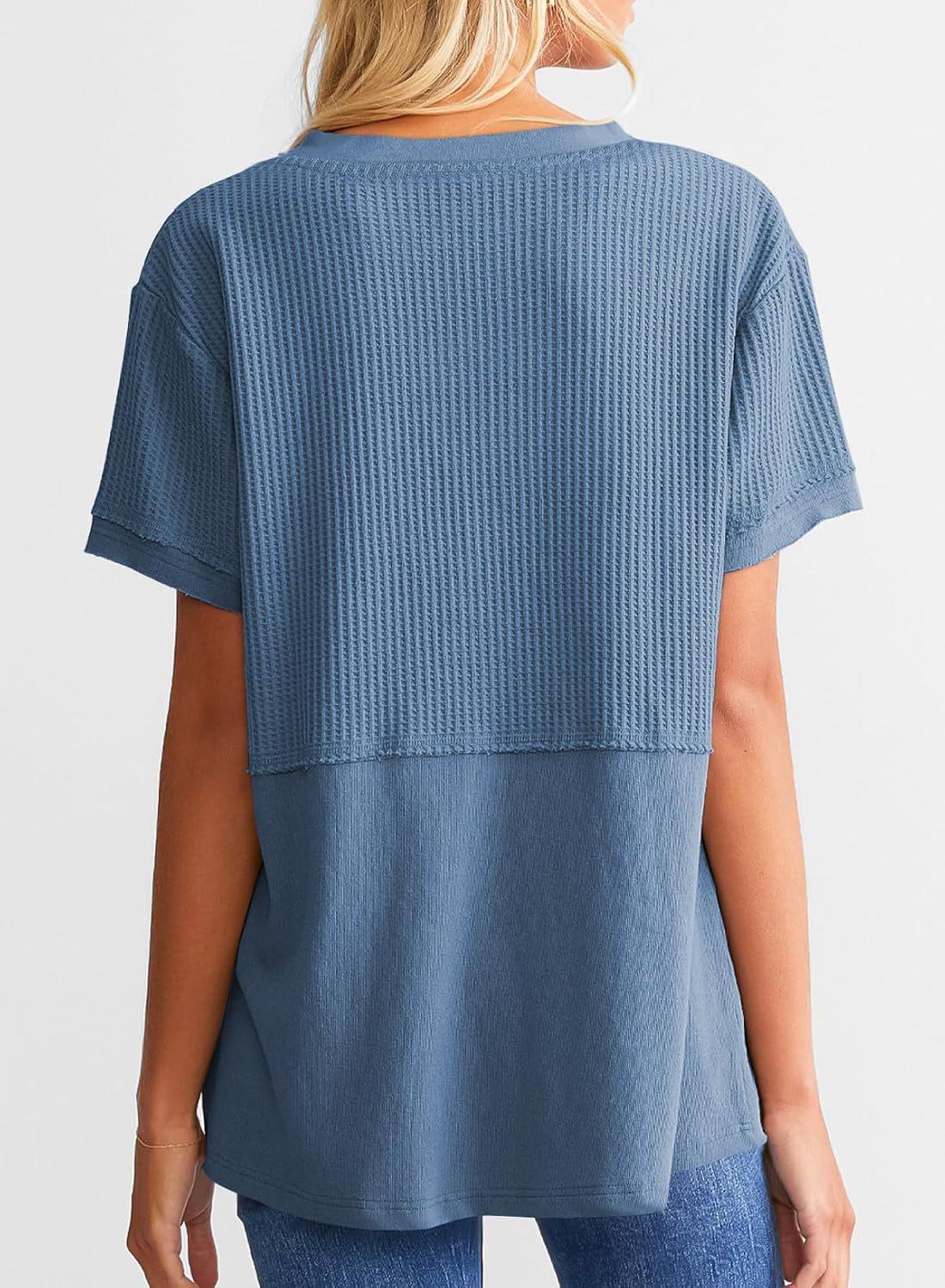 Women's Loose Fit Waffle Knit Splice V-Neck Top | Casual Trendy Short Sleeve Shirt. Women's Loose Fit Waffle Knit Splice V-Neck Top | Casual Trendy Short Sleeve Shirt.