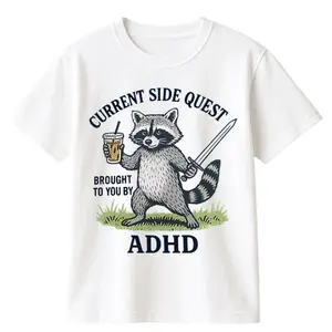Seamless Sweat Shortsleeve Round Neck ADHD Raccoon Side Quest T-Shirt - Menswear Graphic Tee with Coffee & Sword, Humorous Gamer Meme Top, Relatable Neurodivergent Gift, Casual Summer Sports Top