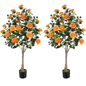 4FT Artificial Camellia Tree Set of 2, Fake Tree Faux Silk Plant with Plastic Nursery Pot, Fake Floor Plant for Christmas, Artificial Plants for Home Office Indoor Decor, Orange, Red, Yellow