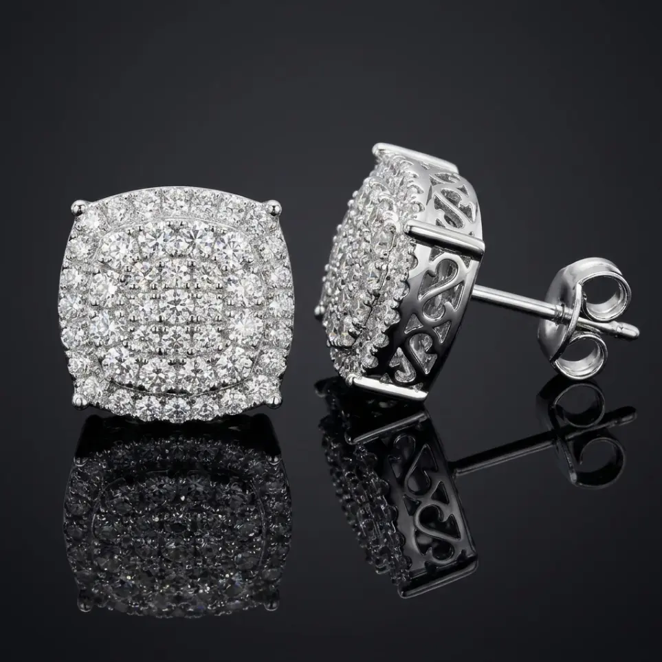 【2026 Trend Alert】 Unisex S925 Silver 12mm Full Pavé Square Geometric Ear Studs - AAA High-Shine Micro-Pave Zircon, Luxury Hypoallergenic Artificial Gemstone Earrings, Daily Hip Hop Wear, Style 6609