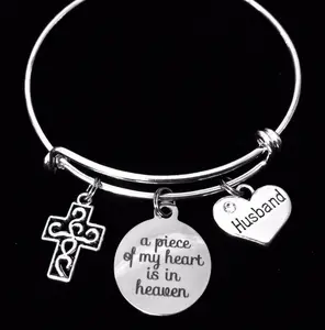 Husband Memorial Jewelry A Piece of My Heart is in Heaven Expandable Charm Bracelet Adjustable Wire Bangle One Size Fits All Memory Bereavement Gift